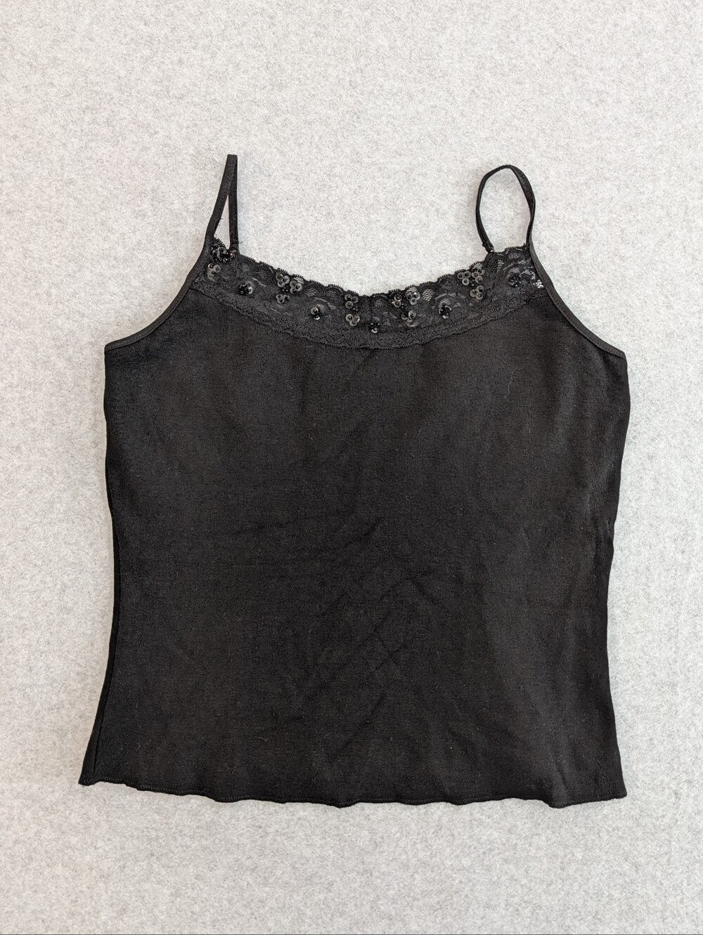 Y2K Lace Trim Camisole Tank Top Black L Beaded Whimsigoth Witchy Mall Stretch
